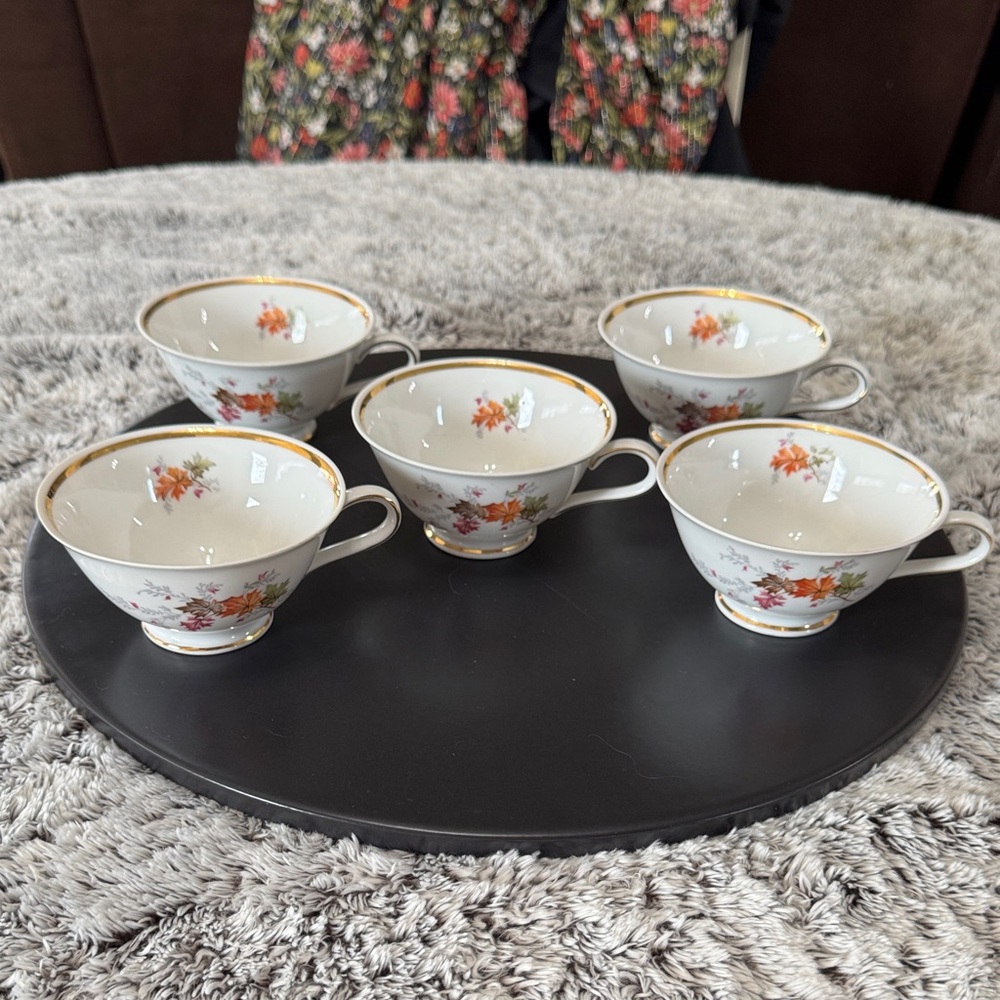 Vintage Winterling Germany Bavaria AUTUMN Footed Tea Cups Gold Trim Rim Set of 5